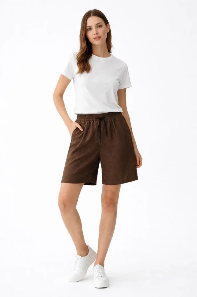 Linen Fabric Pocketed Relaxed Fit Elastic Waist Shorts - Brown