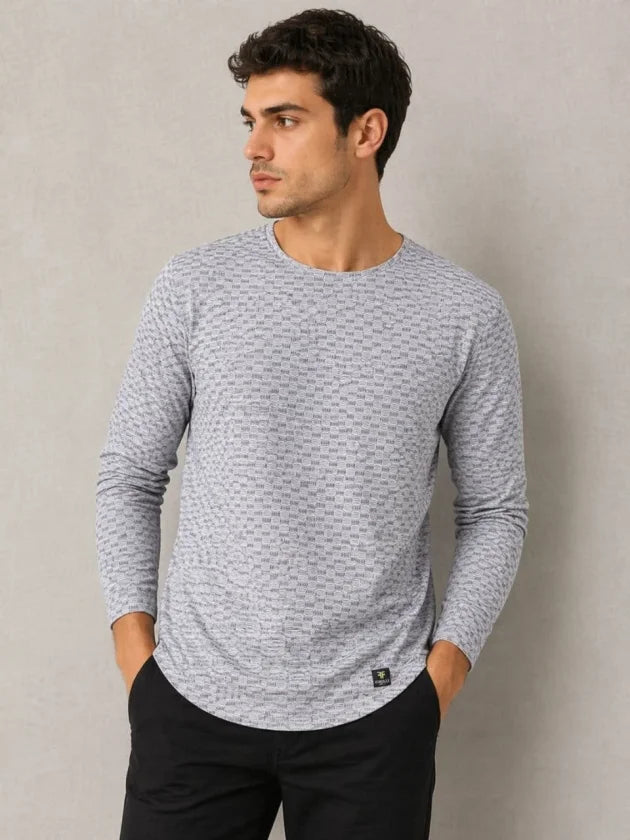 Men's Textured Long Sleeve T-Shirt with Lycra Oval Cut - Gray