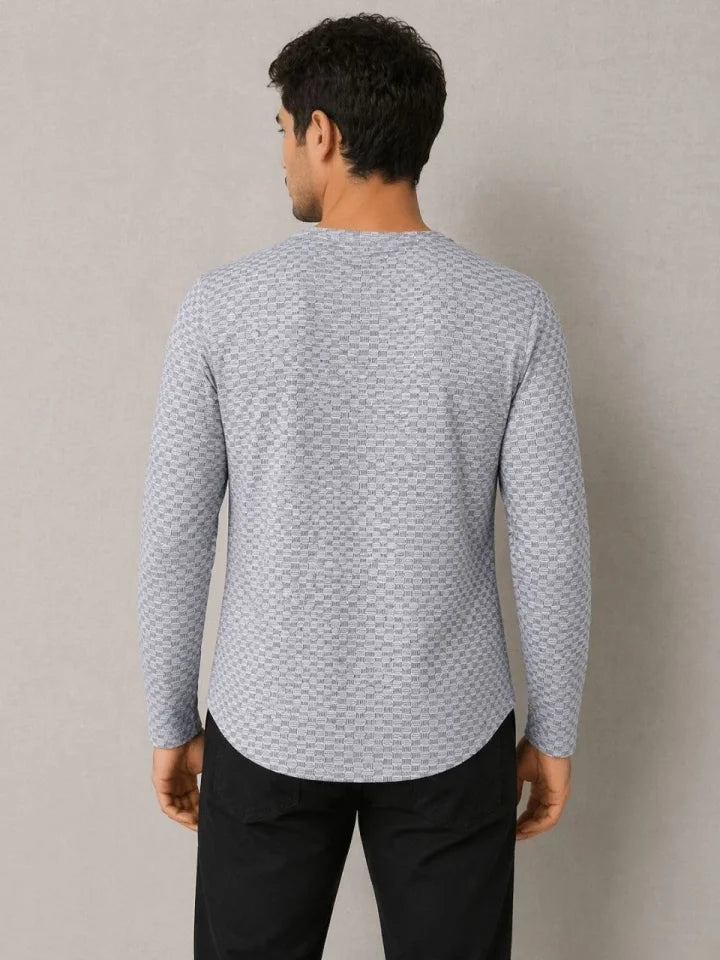 Men's Textured Long Sleeve T-Shirt with Lycra Oval Cut - Gray