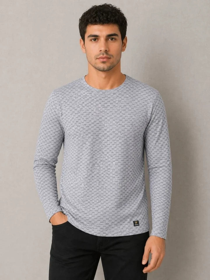 Men's Textured Long Sleeve T-Shirt with Lycra Oval Cut - Gray