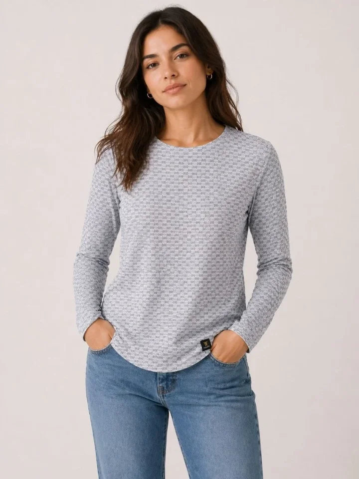 Textured Stretch Long Sleeve T-Shirt Oval Cut Relaxed Fit Blouse - Gray