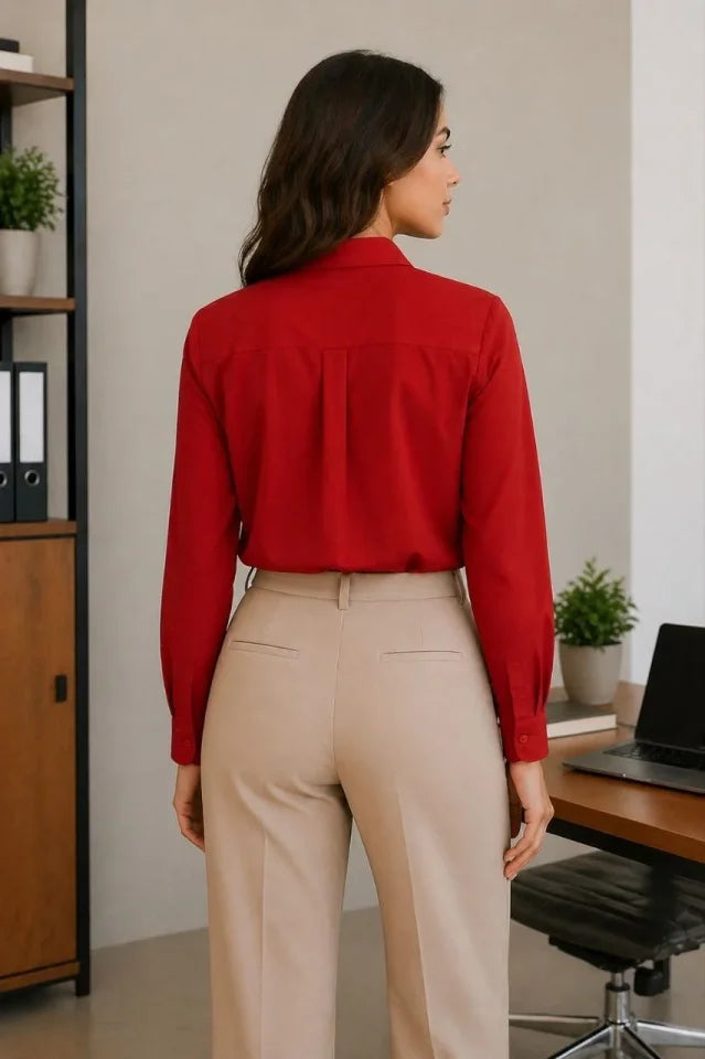 Uzun Kol Gömlek Düğmeli Klasik Yaka Günlük Ve Ofis Şıklığına Uygun - Kırmızı