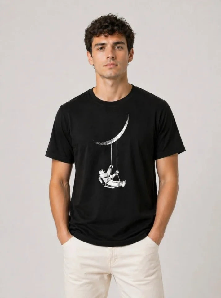 Erkek Astronot Ay Temalı Tişört Kısa Kol Yazlık Bisiklet Yaka T-Shirt - Siyah
