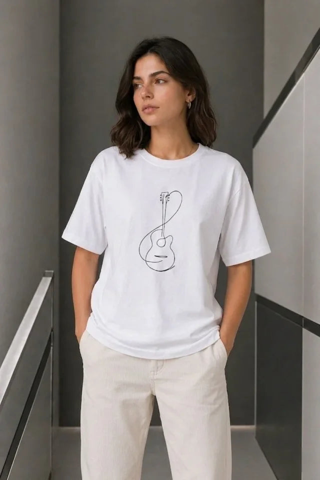 Minimal Guitar Print T-Shirt Summer Short Sleeve Crew Neck T-Shirt - White