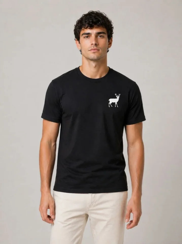 Men’s Minimal Deer Logo T-Shirt Crew Neck Short Sleeve Summer T-Shirt - Black
