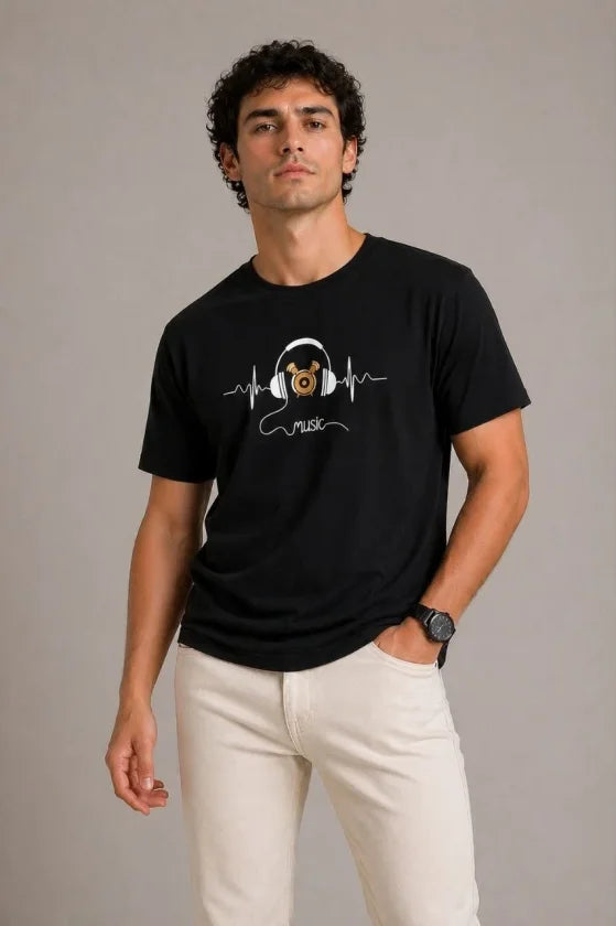 Erkek Müzik Temalı Baskılı Tişört Bisiklet Yaka Kısa Kol T-Shirt - Siyah