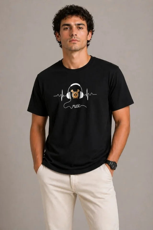 Erkek Müzik Temalı Baskılı Tişört Bisiklet Yaka Kısa Kol T-Shirt - Siyah