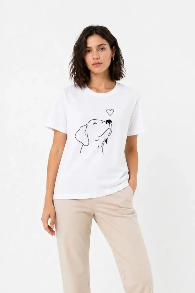 Köpek Figürlü Minimal Baskılı Tişört Kısa Kol Yazlık T-Shirt - Beyaz