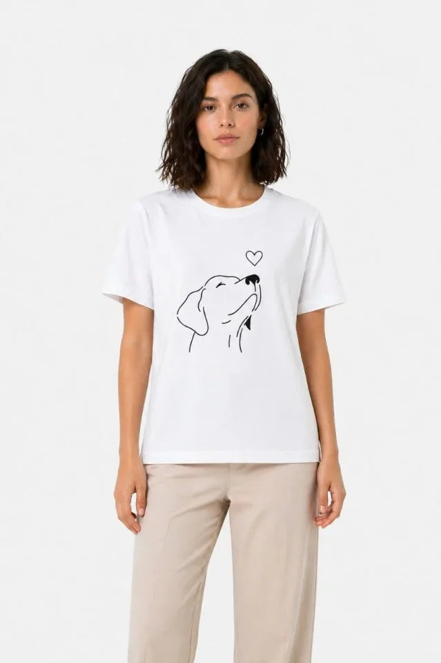 Köpek Figürlü Minimal Baskılı Tişört Kısa Kol Yazlık T-Shirt - Beyaz