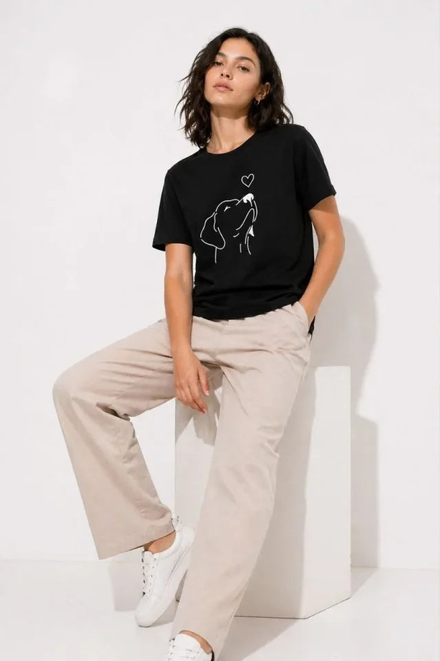 Köpek Figürlü Minimal Baskılı Tişört Kısa Kol Yazlık T-Shirt - Siyah