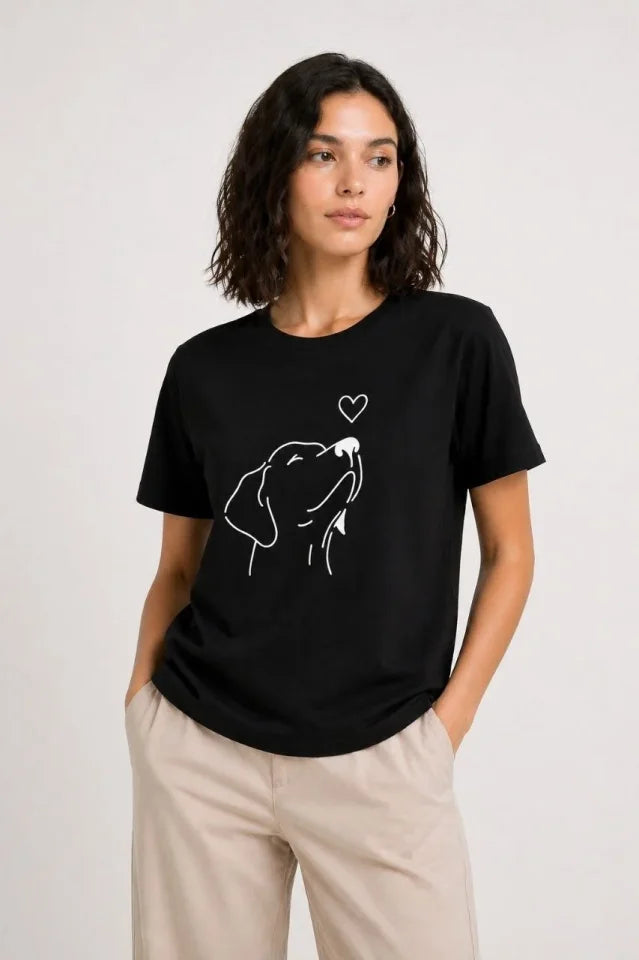 Köpek Figürlü Minimal Baskılı Tişört Kısa Kol Yazlık T-Shirt - Siyah