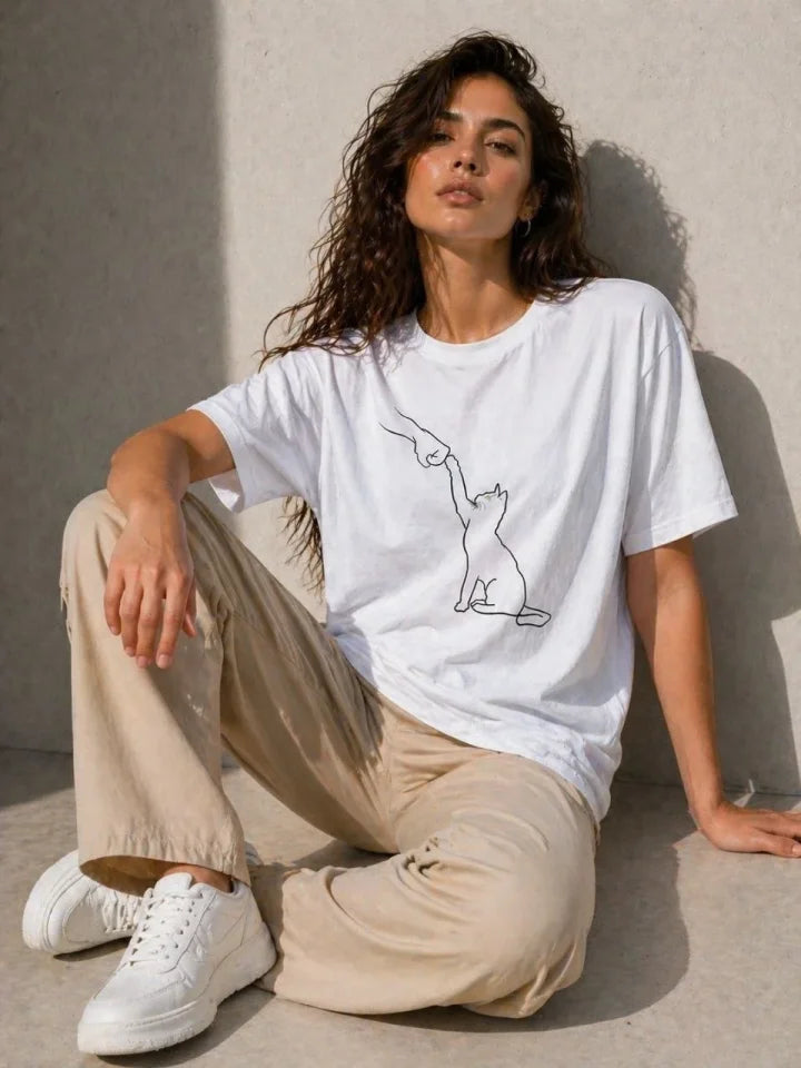 Minimal Cat Drawing Printed Short Sleeve Summer T-Shirt - White