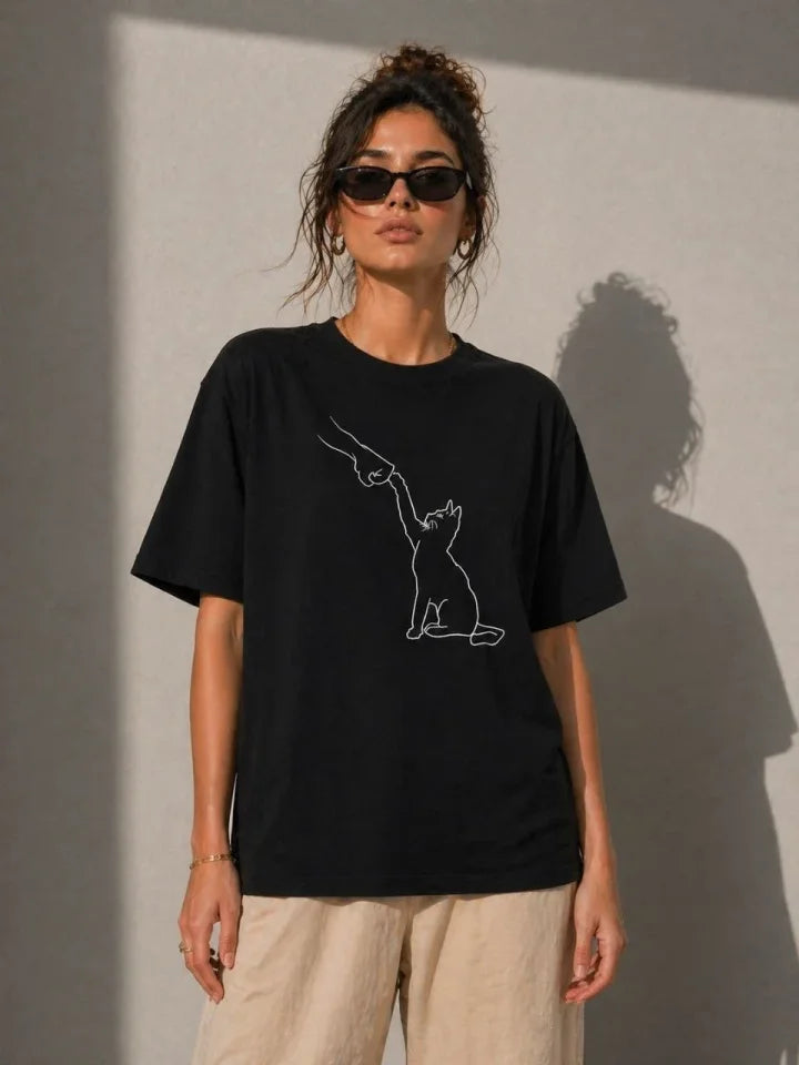Minimal Cat Drawing Printed Short Sleeve Summer T-Shirt - Black