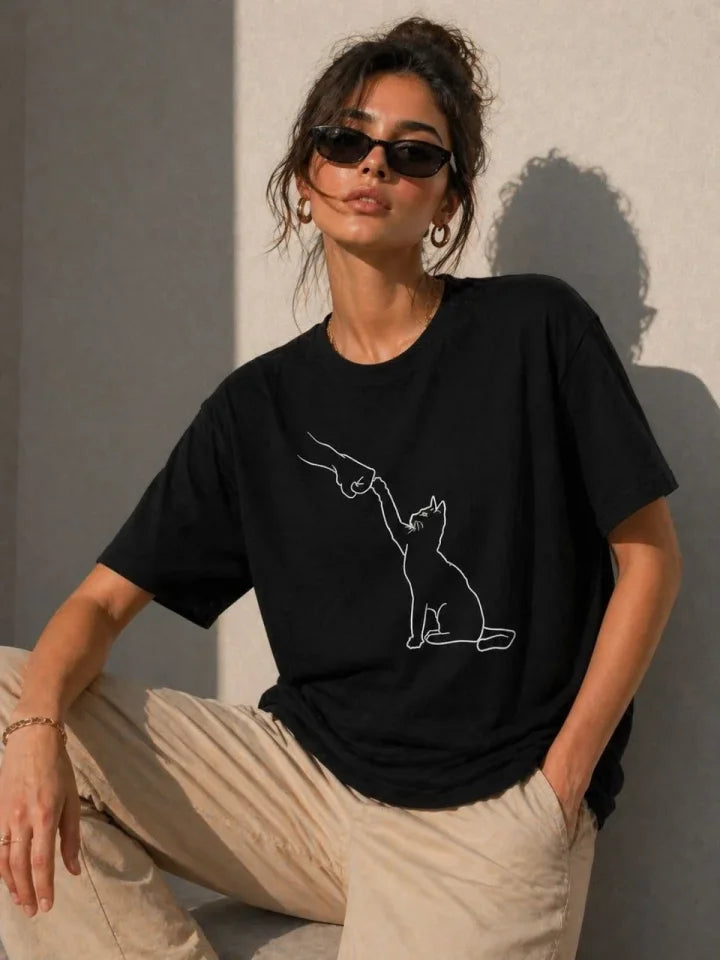 Minimal Cat Drawing Printed Short Sleeve Summer T-Shirt - Black
