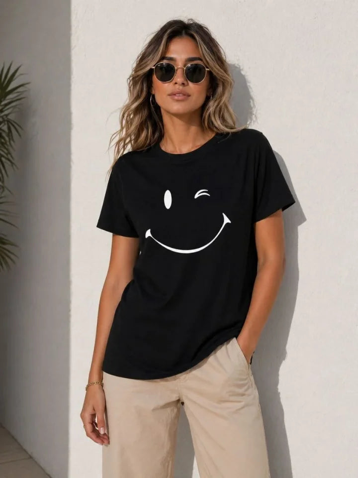 Minimal Smiling Face Printed T-Shirt Short Sleeve Summer T-Shirt - Black