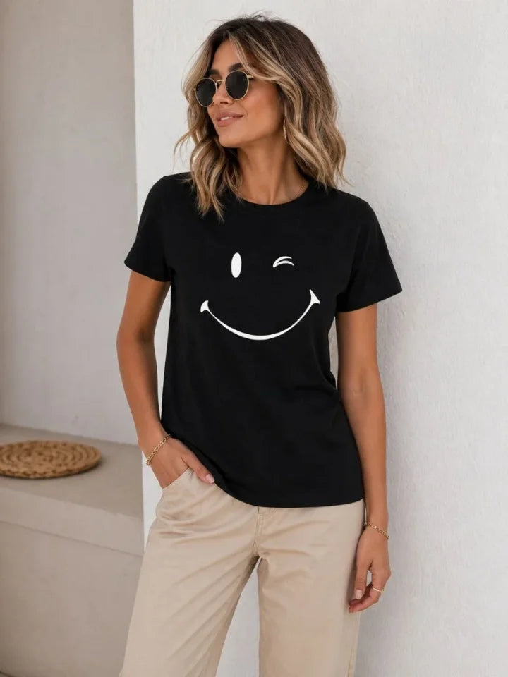 Minimal Smiling Face Printed T-Shirt Short Sleeve Summer T-Shirt - Black