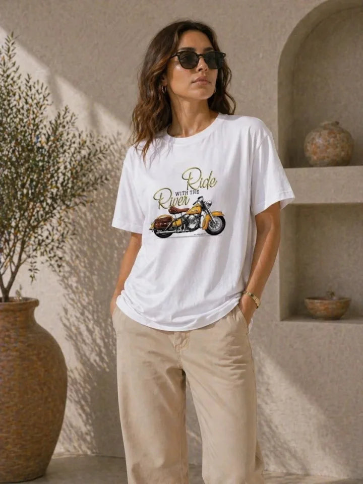 Motosiklet Baskılı Tişört Bisiklet Yaka Kısa Kol Yazlık T-Shirt - Beyaz
