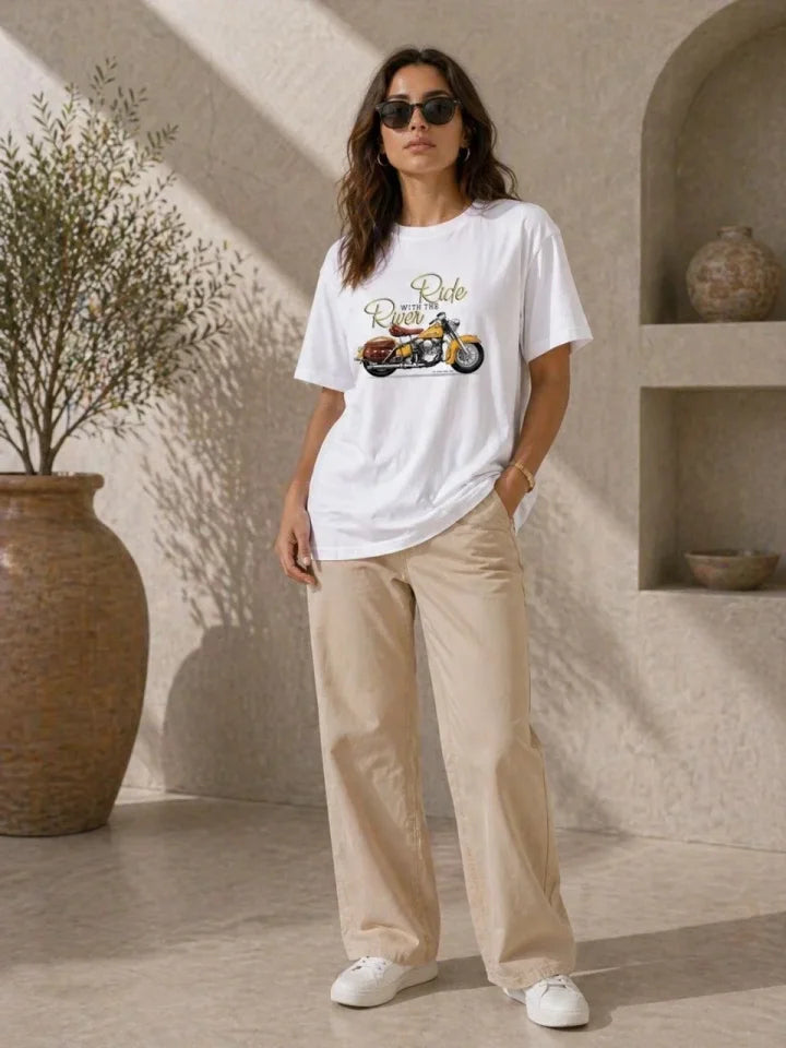 Motosiklet Baskılı Tişört Bisiklet Yaka Kısa Kol Yazlık T-Shirt - Beyaz