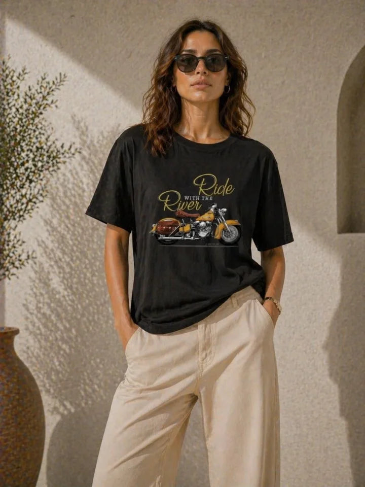 Motosiklet Baskılı Tişört Bisiklet Yaka Kısa Kol Yazlık T-Shirt - Siyah