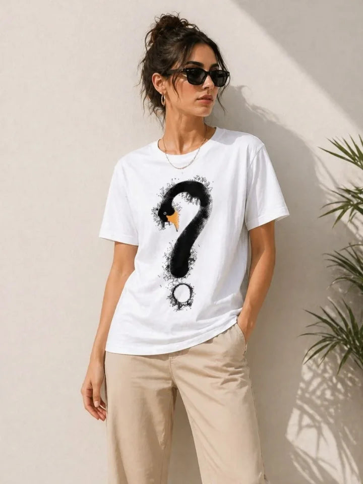 Swan Figure Question Mark Printed T-Shirt Short Sleeve T-Shirt - White
