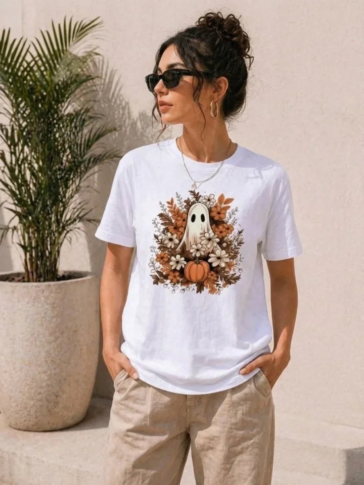 Balkabağı Hayalet Baskılı Tişört Kısa Kol Yazlık T-Shirt - Beyaz