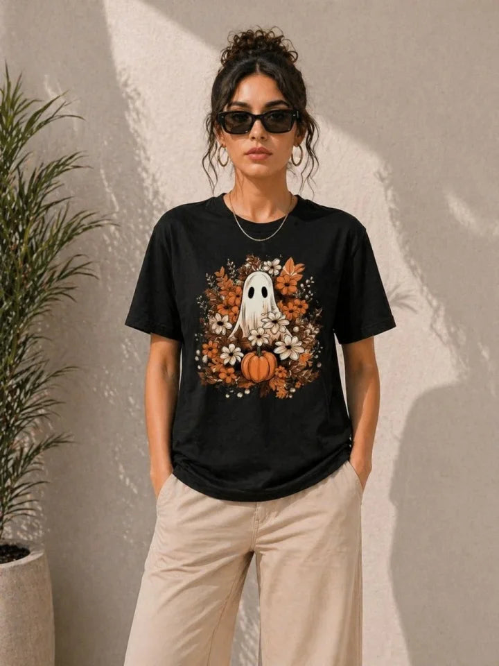 Pumpkin Ghost Printed T-Shirt Short Sleeve Summer T-Shirt - Black