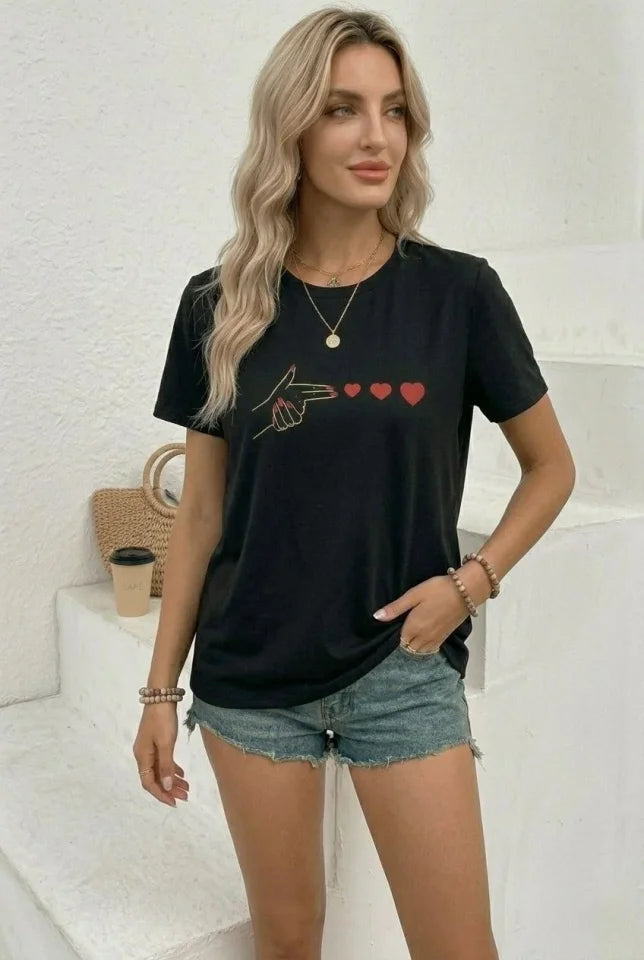 Minimal Kalp İşaret Baskılı Tişört Kısa Kol Yazlık T-Shirt - Siyah