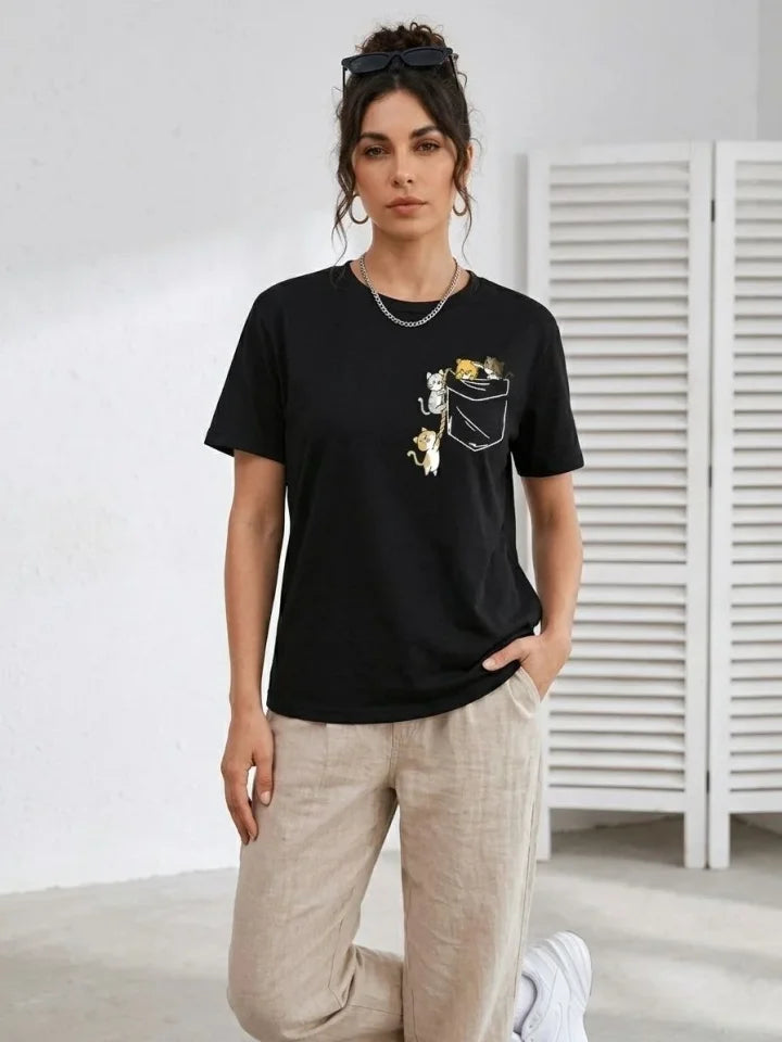 Sevimli Kedi Cep Baskılı Tişört Kısa Kol Yazlık T-Shirt - Siyah