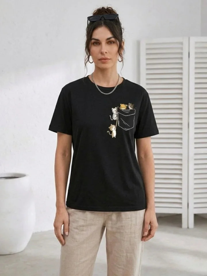 Cute Cat Pocket Printed T-Shirt Short Sleeve Summer T-Shirt - Black