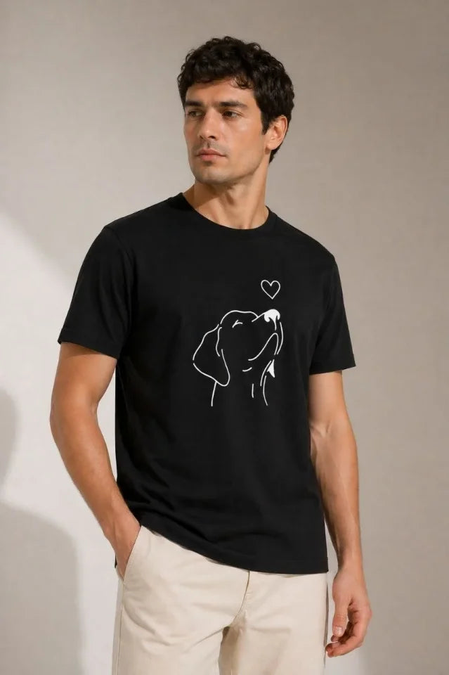 Erkek Köpek Figürlü Minimal Baskılı Tişört Kısa Kol Yazlık T-Shirt - Siyah