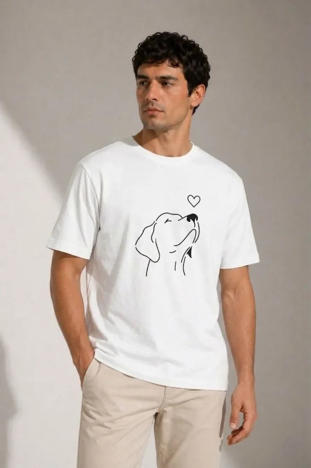 Men's Dog Figure Minimal Printed Short Sleeve Summer T-Shirt - White