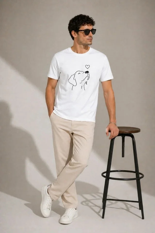 Men's Dog Figure Minimal Printed Short Sleeve Summer T-Shirt - White