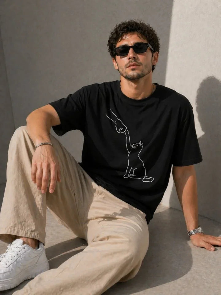 Erkek Minimal Kedi Çizim Baskılı Tişört Kısa Kol Yazlık T-Shirt - Siyah