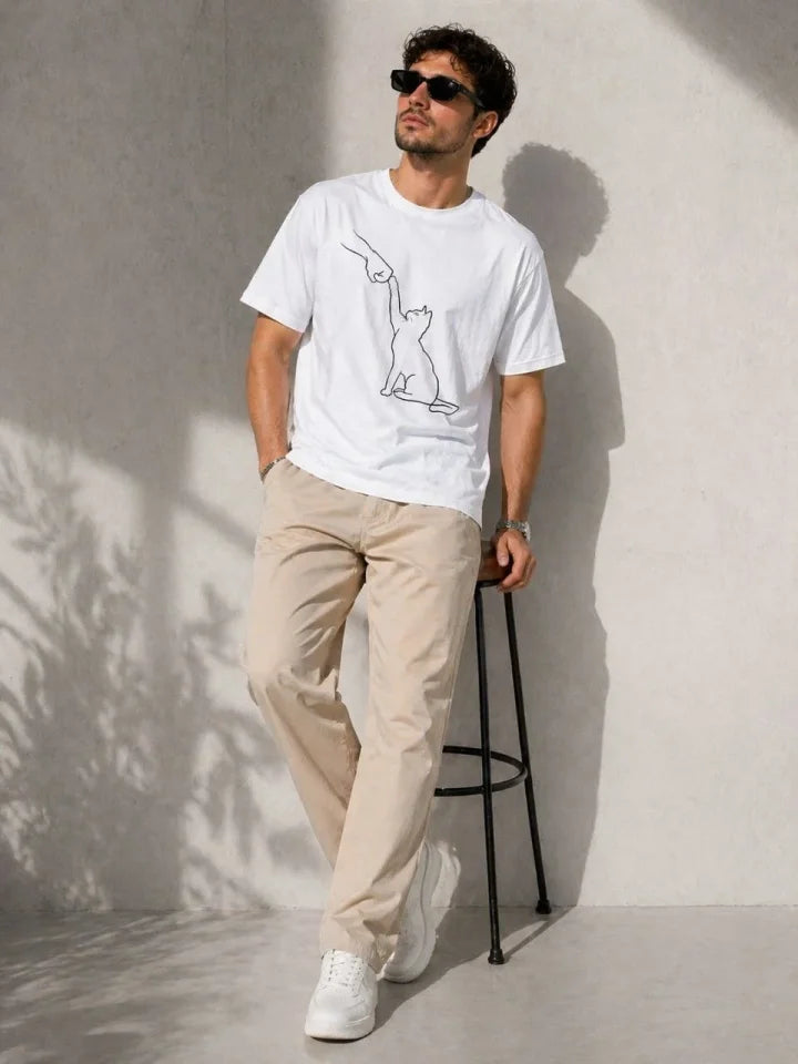 Erkek Minimal Kedi Çizim Baskılı Tişört Kısa Kol Yazlık T-Shirt - Beyaz