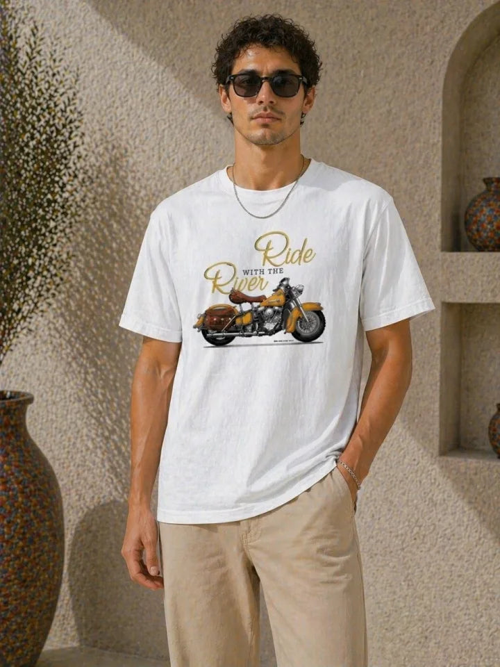 Men's Motorcycle Printed T-Shirt Crew Neck Short Sleeve Summer T-Shirt - White