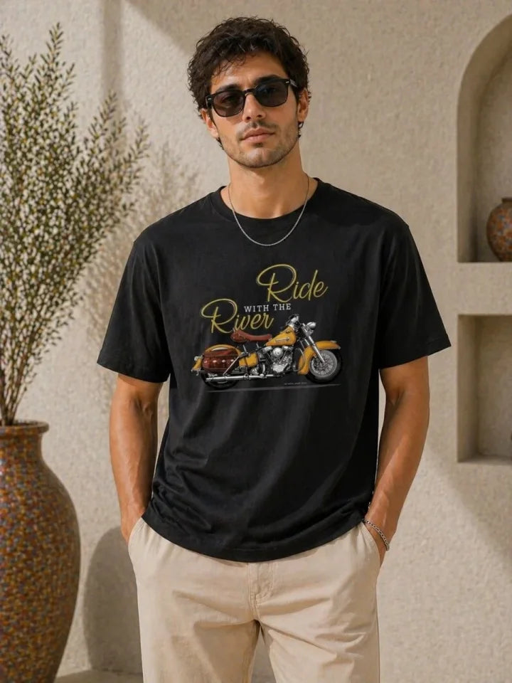 Erkek Motosiklet Baskılı Tişört Bisiklet Yaka Kısa Kol Yazlık T-Shirt - Siyah
