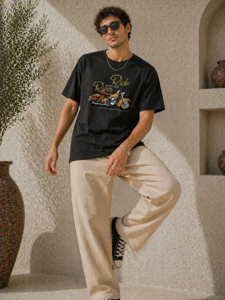 Erkek Motosiklet Baskılı Tişört Bisiklet Yaka Kısa Kol Yazlık T-Shirt - Siyah