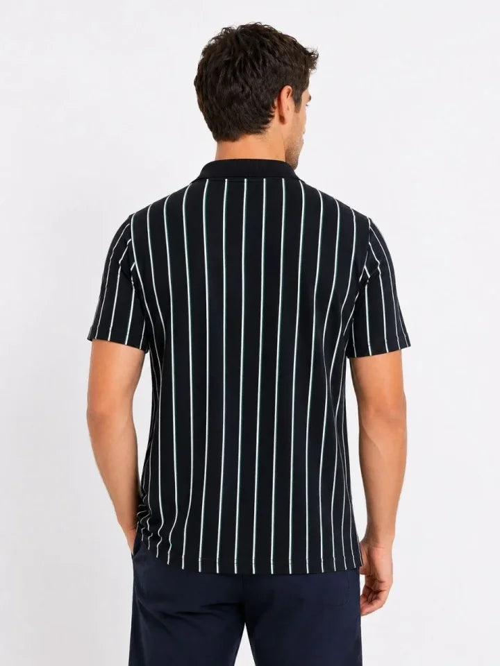 Men's Pique Fabric Striped Polo Collar Short Sleeve Summer T-Shirt - Black