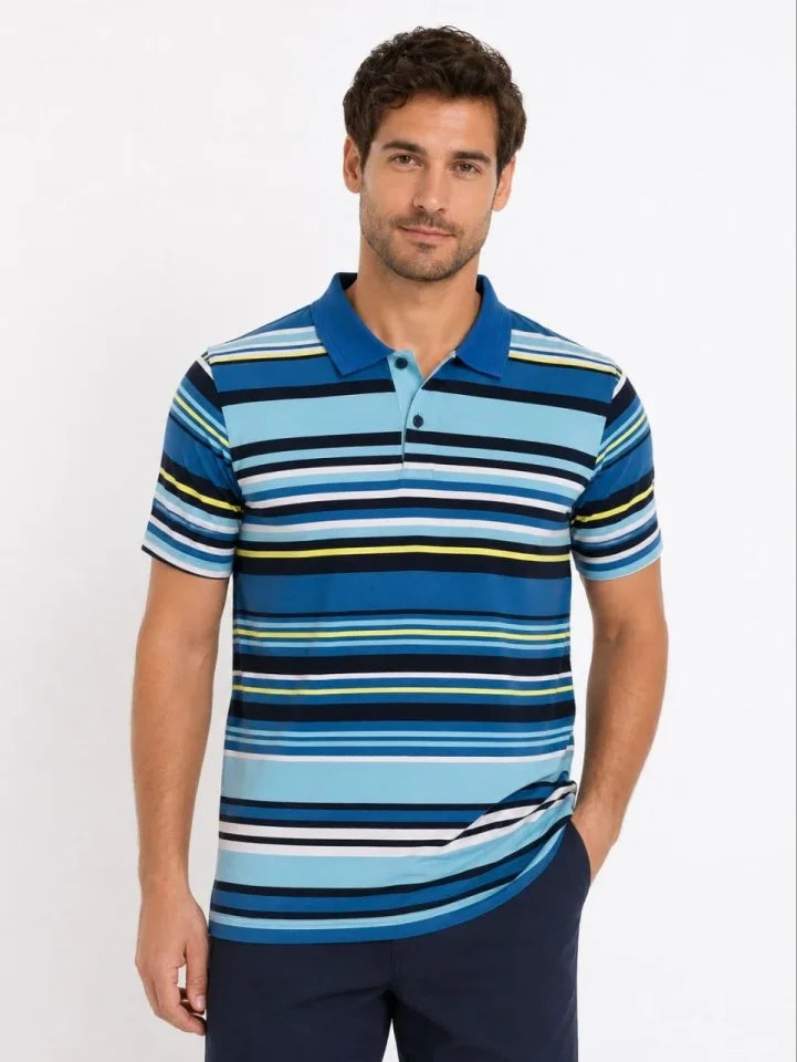 Erkek Çizgili Polo Yaka Tişört Kısa Kol Yazlık T-Shirt Regular Fit - Mavi
