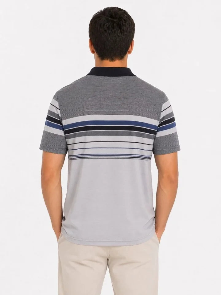 Erkek Flamlı Penye Çizgili Polo Yaka Tişört Kısa Kol Yazlık T-Shirt - Gri