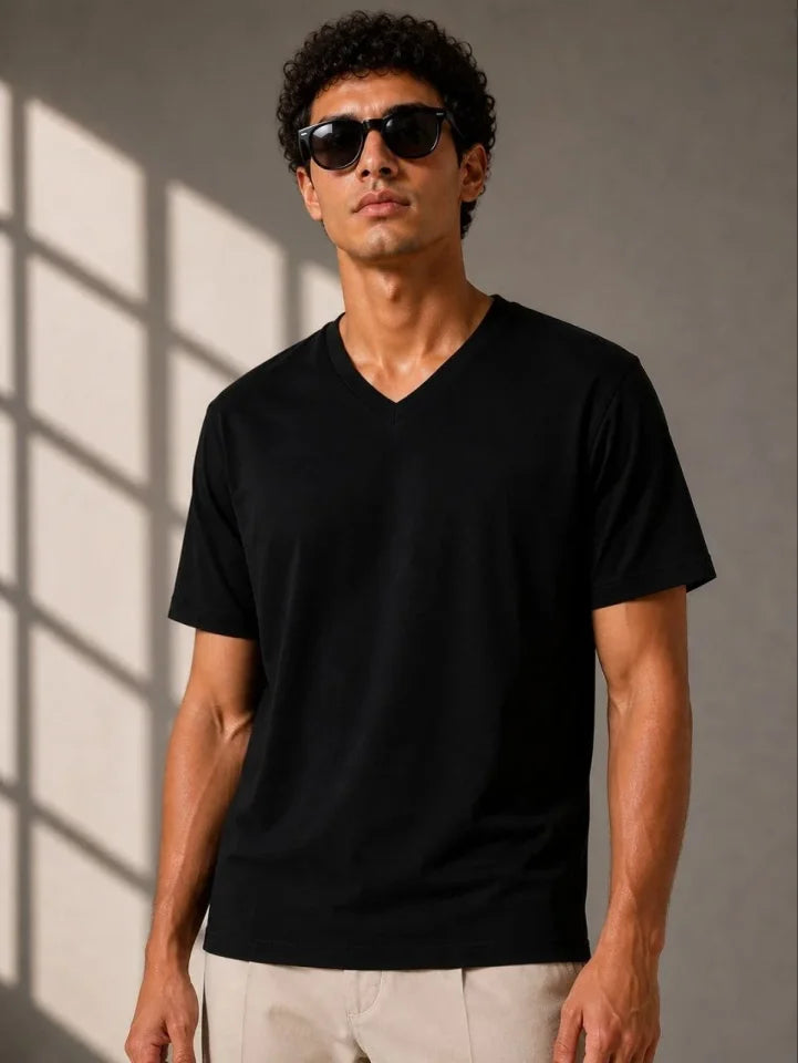 Erkek V Yaka Basic Tişört Kısa Kol Yazlık Regular Fit T-Shirt - Siyah