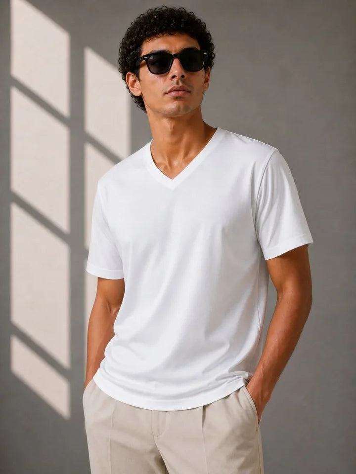 Men's V-Neck Basic T-Shirt Short Sleeve Summer Regular Fit T-Shirt - White