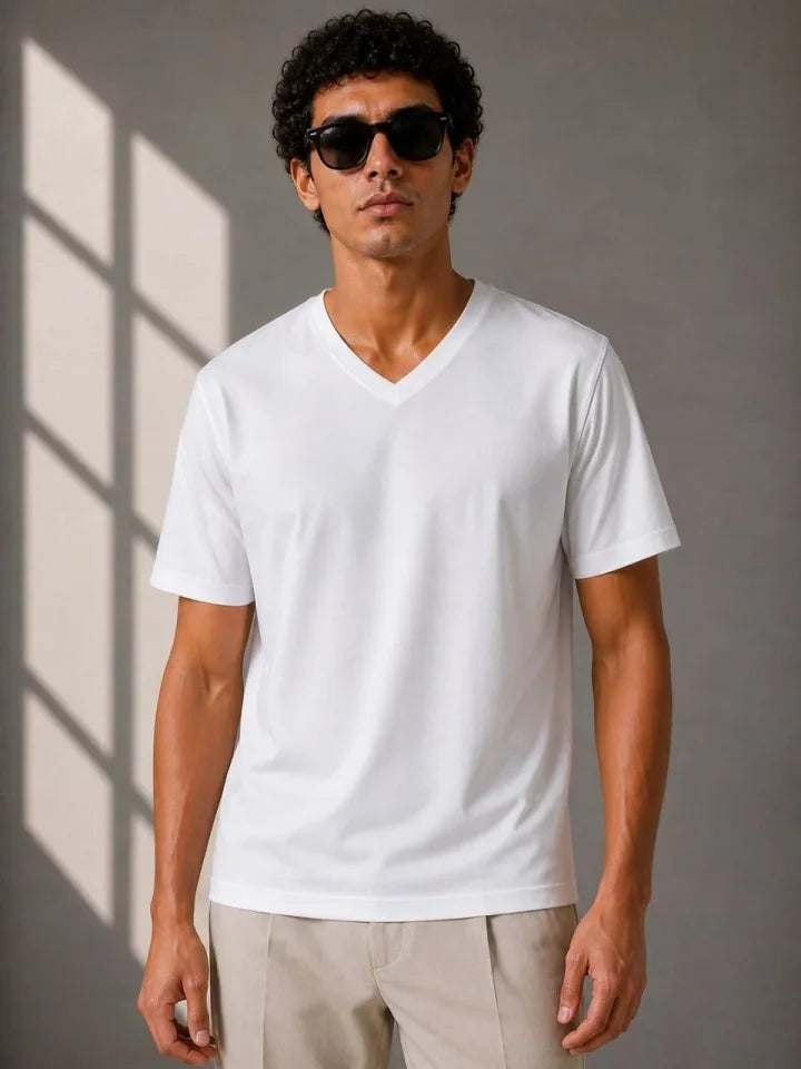 Men's V-Neck Basic T-Shirt Short Sleeve Summer Regular Fit T-Shirt - White