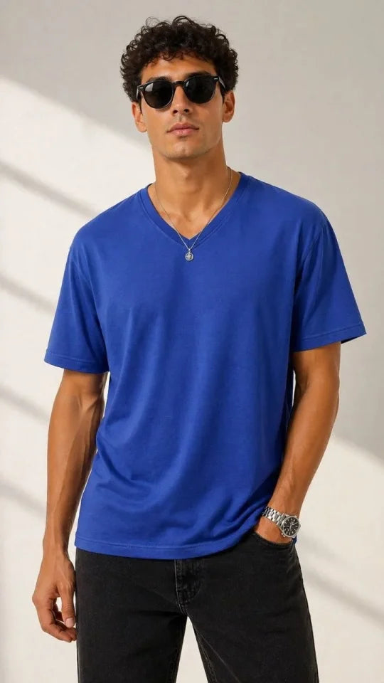 Men's V-Neck Basic T-Shirt Short Sleeve Summer Regular Fit T-Shirt - Saks Blue