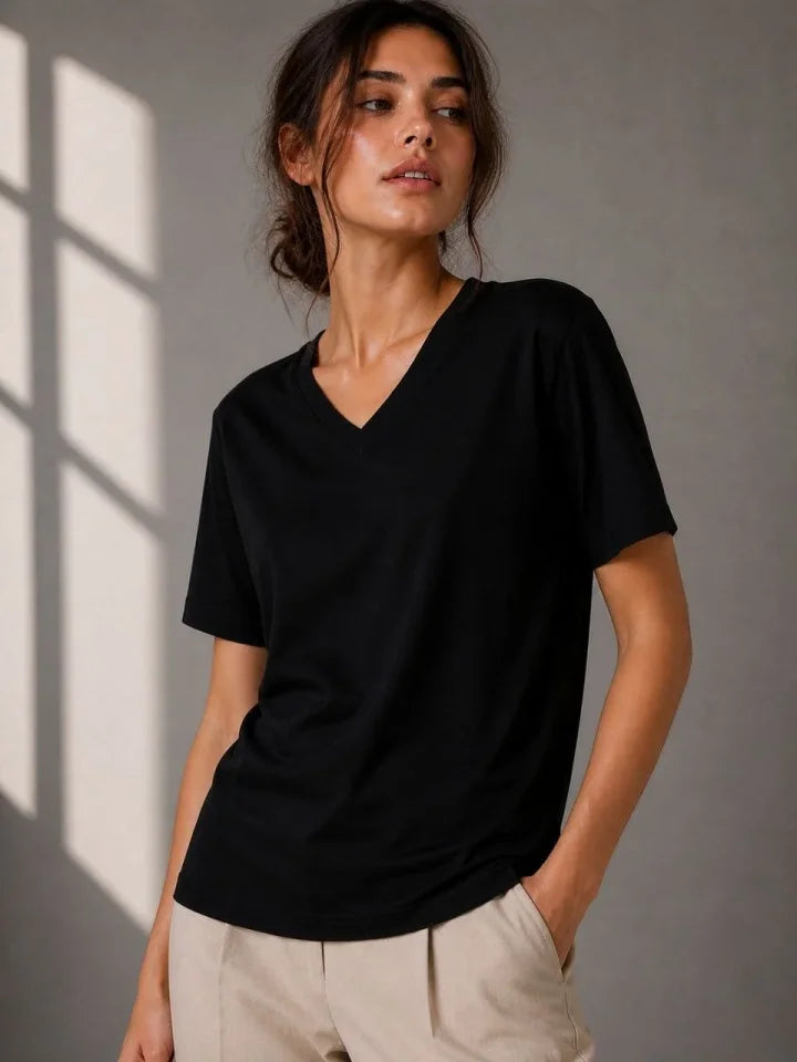 V-Neck Basic T-Shirt Short Sleeve Summer Regular Fit T-Shirt - Black