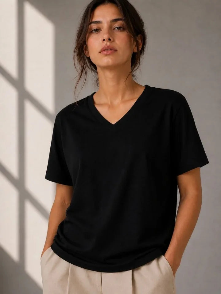 V-Neck Basic T-Shirt Short Sleeve Summer Regular Fit T-Shirt - Black