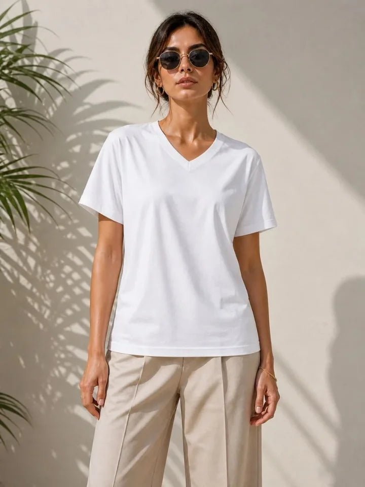 V Yaka Basic Tişört Kısa Kol Yazlık Regular Fit T-Shirt - Beyaz