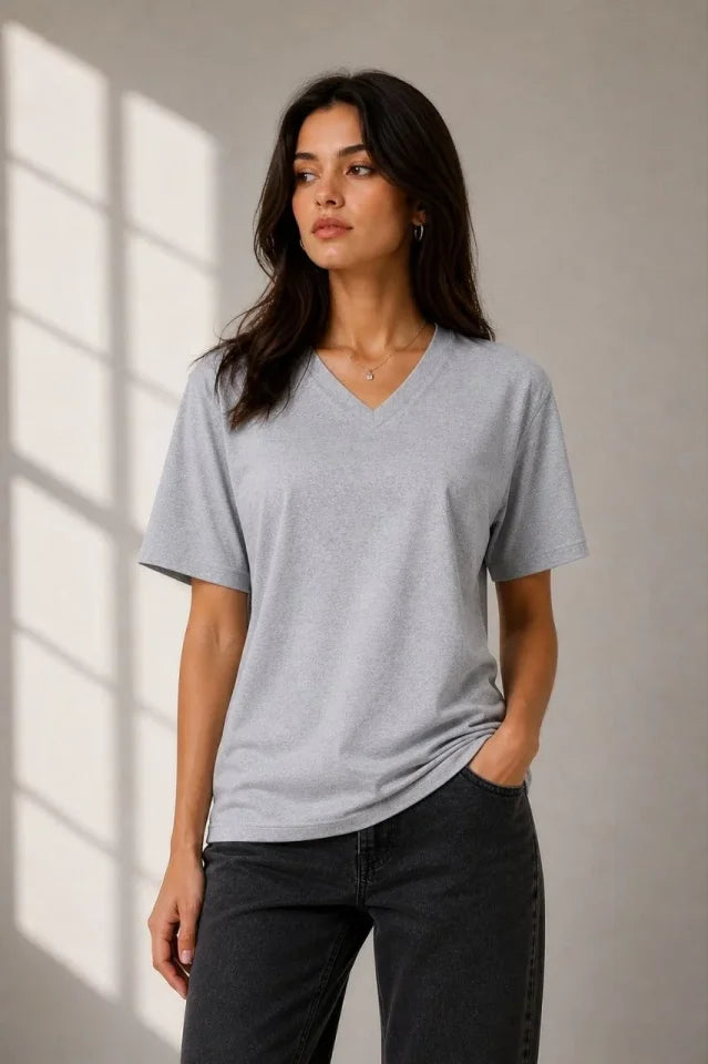 V-Neck Basic T-Shirt Short Sleeve Summer Regular Fit T-Shirt - Gray
