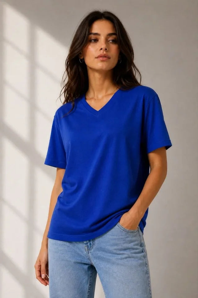 V Yaka Basic Tişört Kısa Kol Yazlık Regular Fit T-Shirt - Saks Mavisi