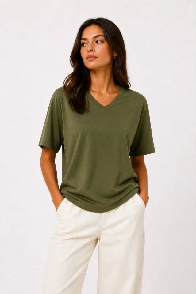 V Yaka Basic Tişört Kısa Kol Yazlık Regular Fit T-Shirt - Haki